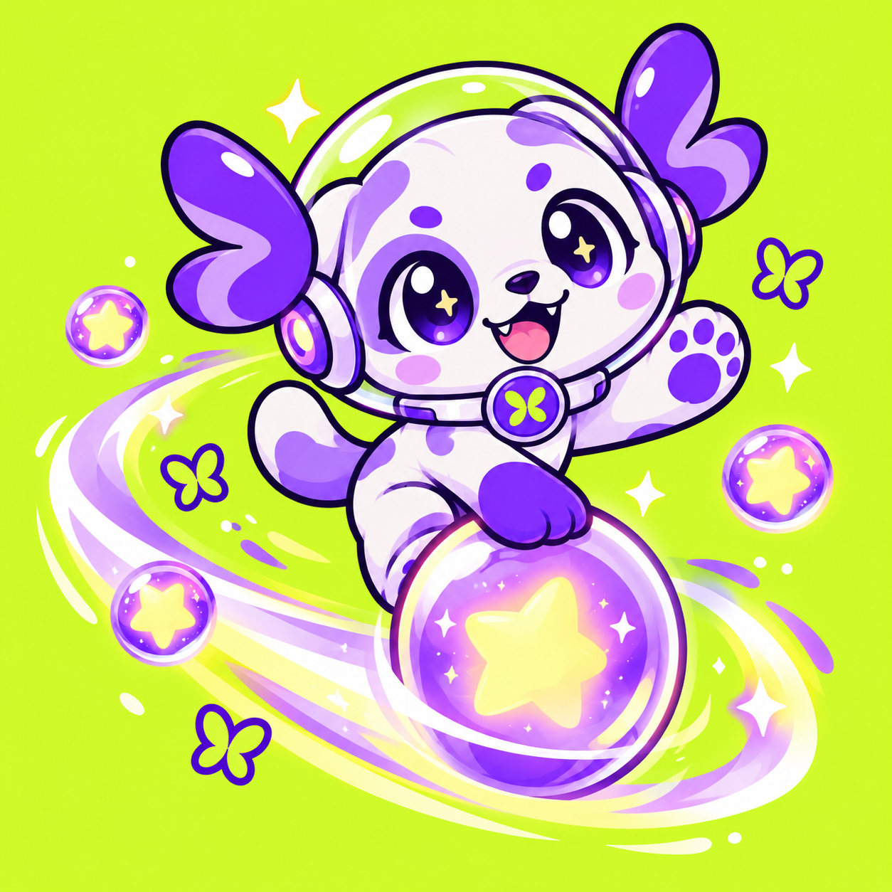 Floopi floating with a glowing star orb